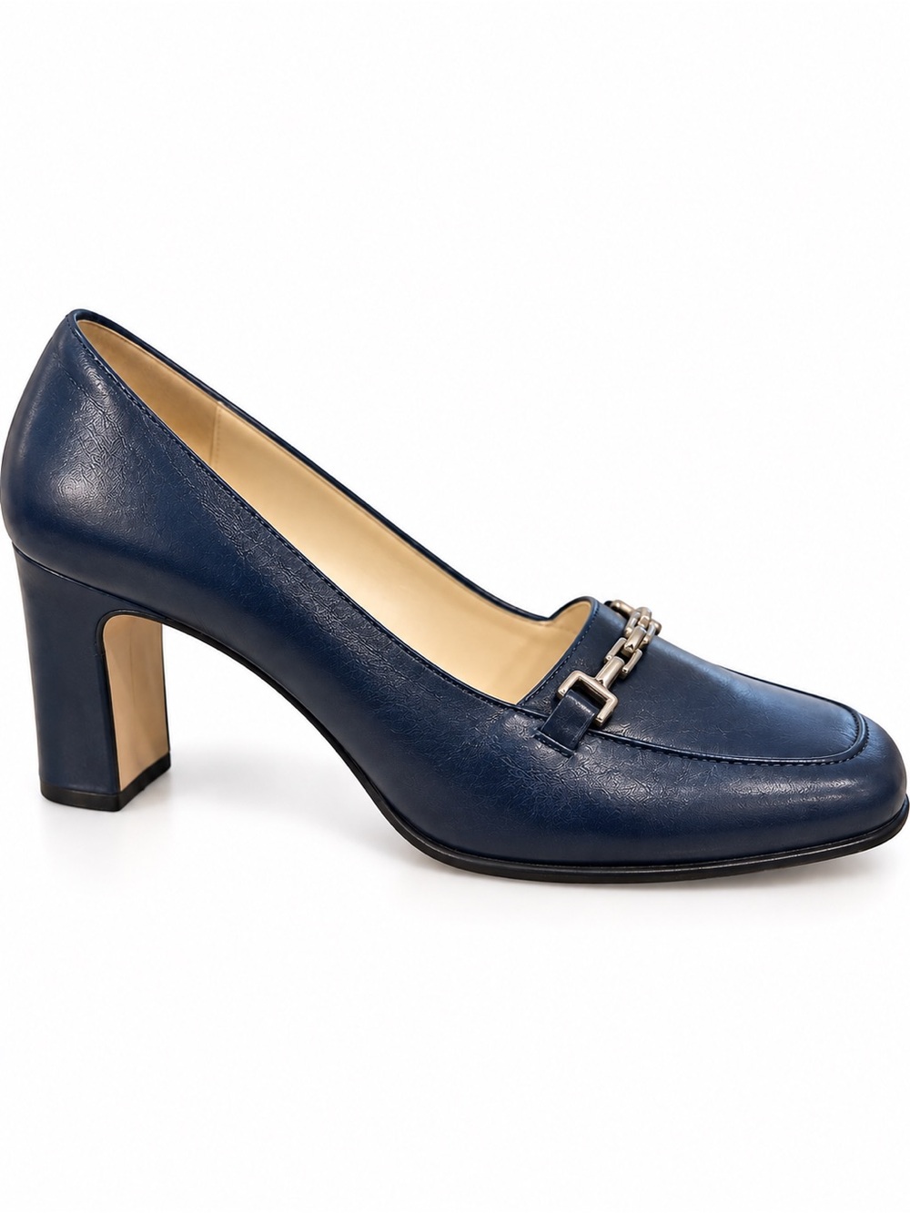 Vintage Calico Navy Blue Leather Horsebit Block Heel Loafers 7.5M